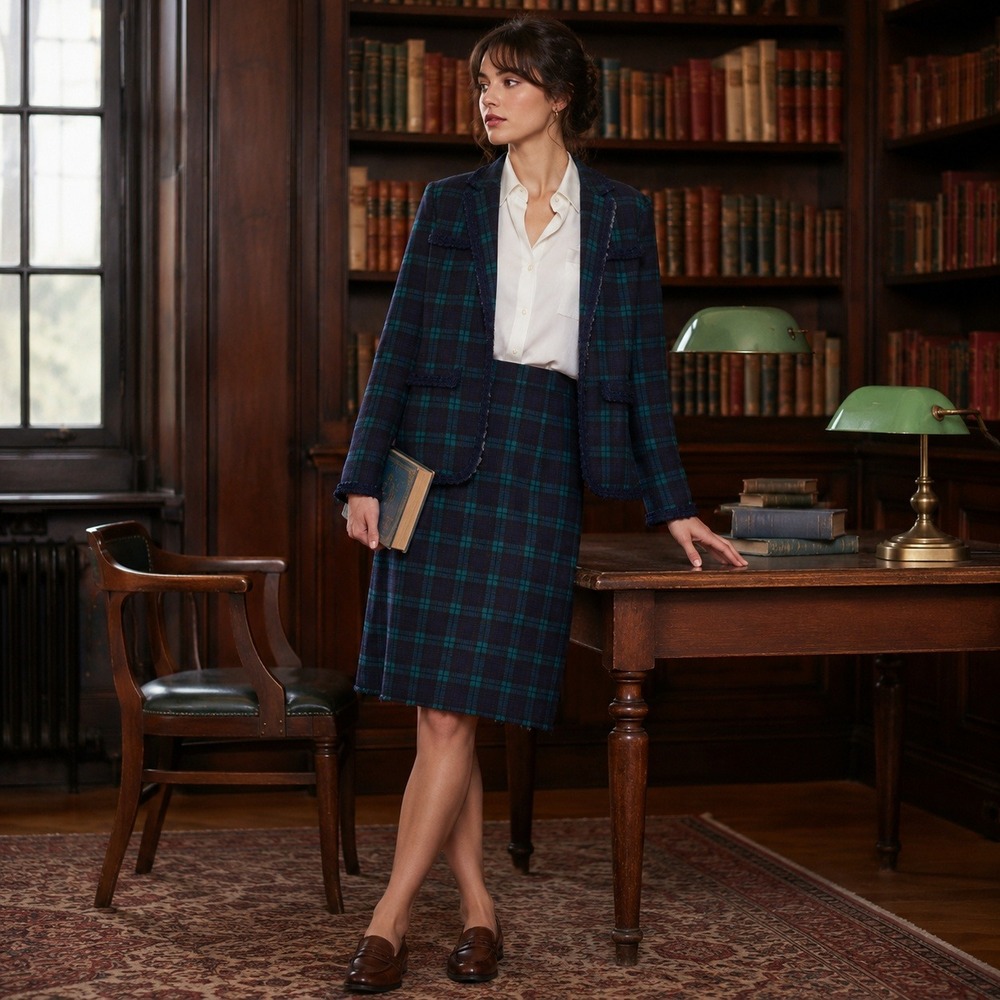 Vintage Alfred Dunner Plaid Skirt Suit Navy Green Tweed Women's Size 12 USA Made